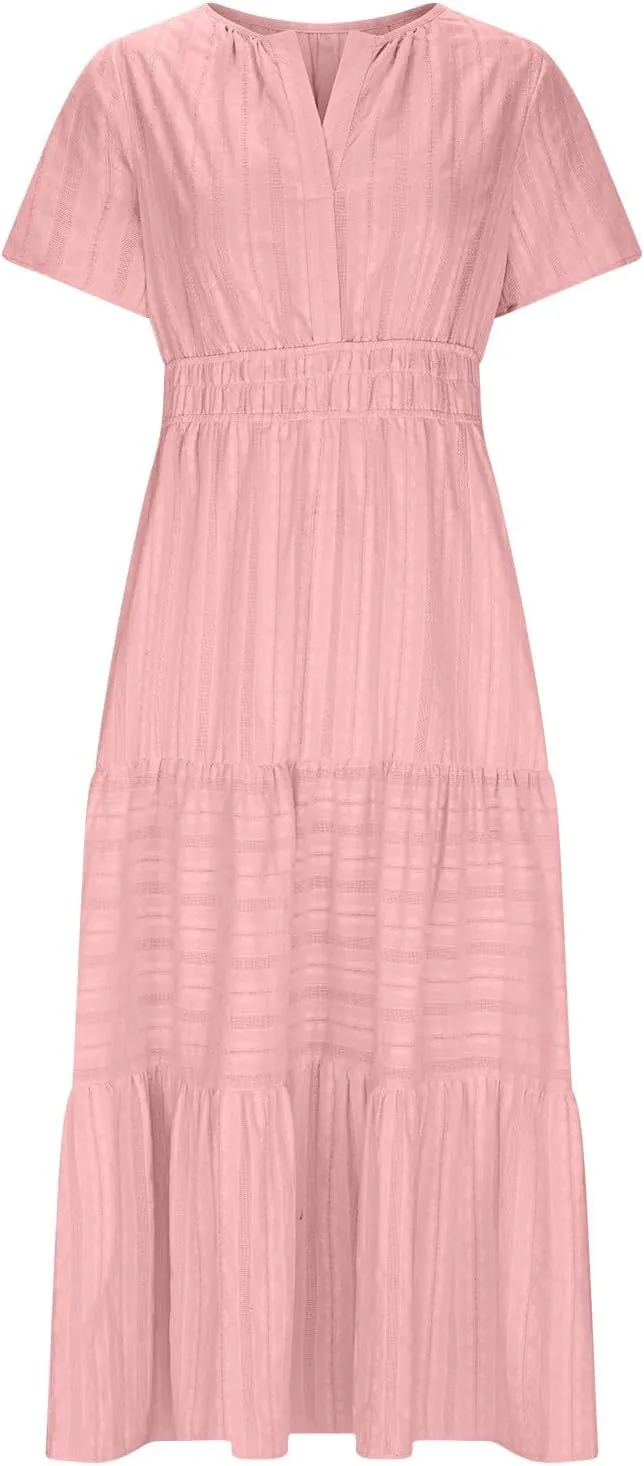 Lmdudan 2025 Womens Summer Casual Midi Maxi Dresses Lightweight Short Sleeve V Neck Elastic Waist Boho Beach Dress Sundress