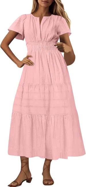Lmdudan 2025 Womens Summer Casual Midi Maxi Dresses Lightweight Short Sleeve V Neck Elastic Waist Boho Beach Dress Sundress