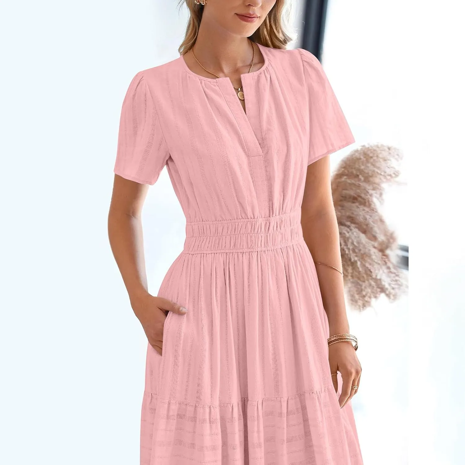 Lmdudan 2025 Womens Summer Casual Midi Maxi Dresses Lightweight Short Sleeve V Neck Elastic Waist Boho Beach Dress Sundress