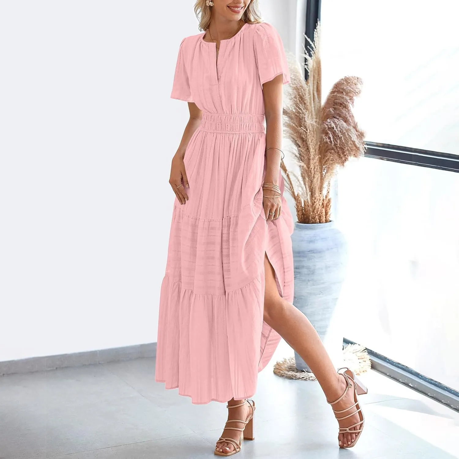 Lmdudan 2025 Womens Summer Casual Midi Maxi Dresses Lightweight Short Sleeve V Neck Elastic Waist Boho Beach Dress Sundress