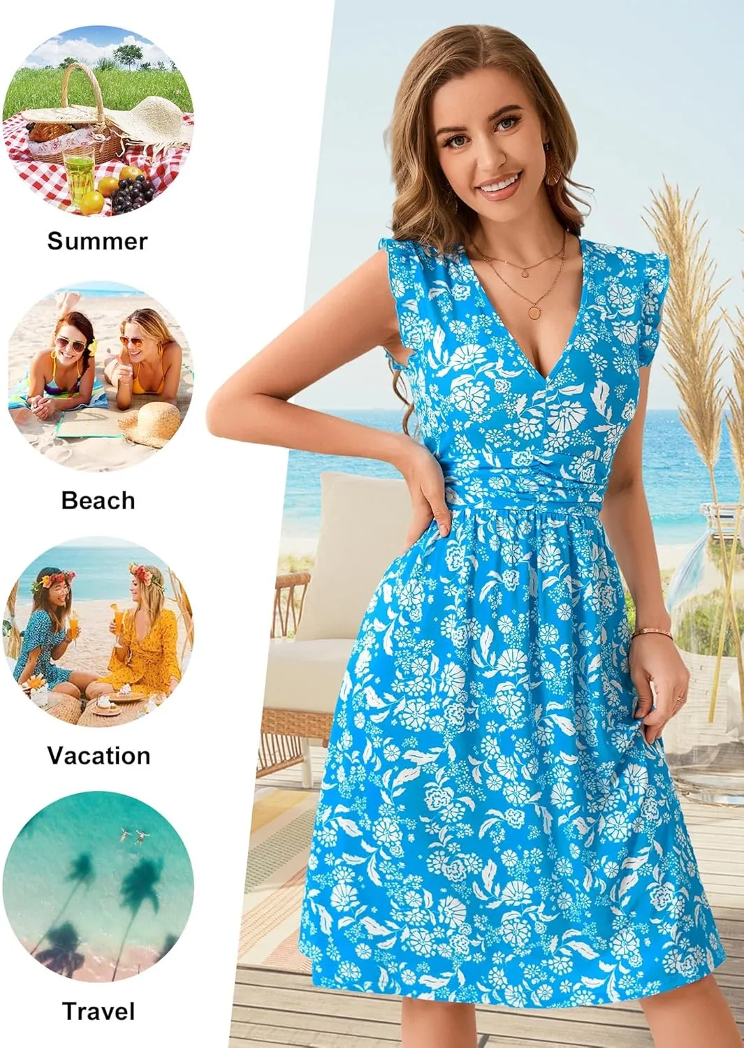Loemes Womens Summer Floral V Neck Dresses with Pockets Beach Vacation Ruffle Sleeve Flowy Elastic Waist Midi Dress