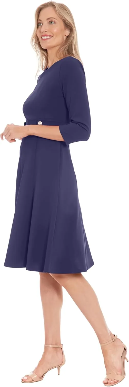 London Times Women's A-line Midi 3/4 Sleeves-Cocktail Work and Special Occasions-Versatile Wedding Guest Dresses