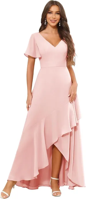 Long Chiffon Bridesmaid Dresses for Women A Line High Low Ruffle Sleeve Formal Dresses