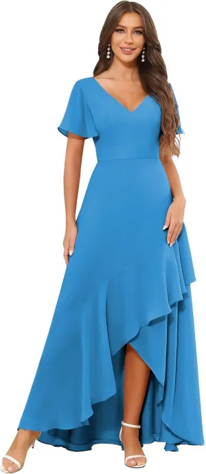 Long Chiffon Bridesmaid Dresses for Women A Line High Low Ruffle Sleeve Formal Dresses