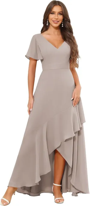 Long Chiffon Bridesmaid Dresses for Women A Line High Low Ruffle Sleeve Formal Dresses