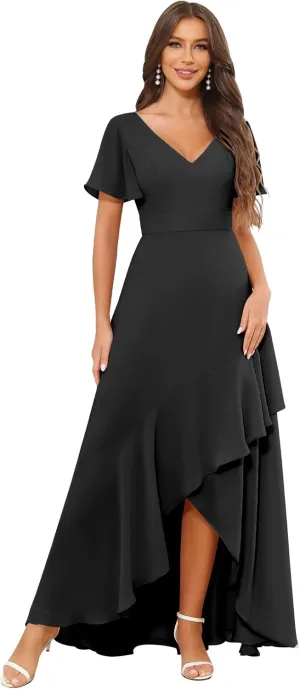 Long Chiffon Bridesmaid Dresses for Women A Line High Low Ruffle Sleeve Formal Dresses