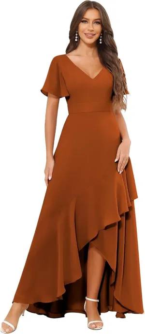 Long Chiffon Bridesmaid Dresses for Women A Line High Low Ruffle Sleeve Formal Dresses