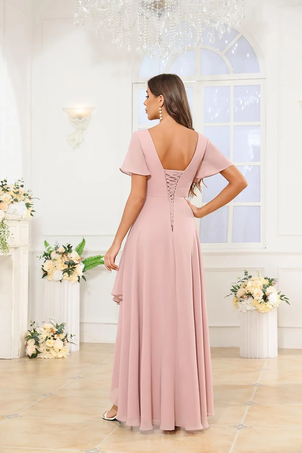 Long Chiffon Bridesmaid Dresses for Women A Line High Low Ruffle Sleeve Formal Dresses