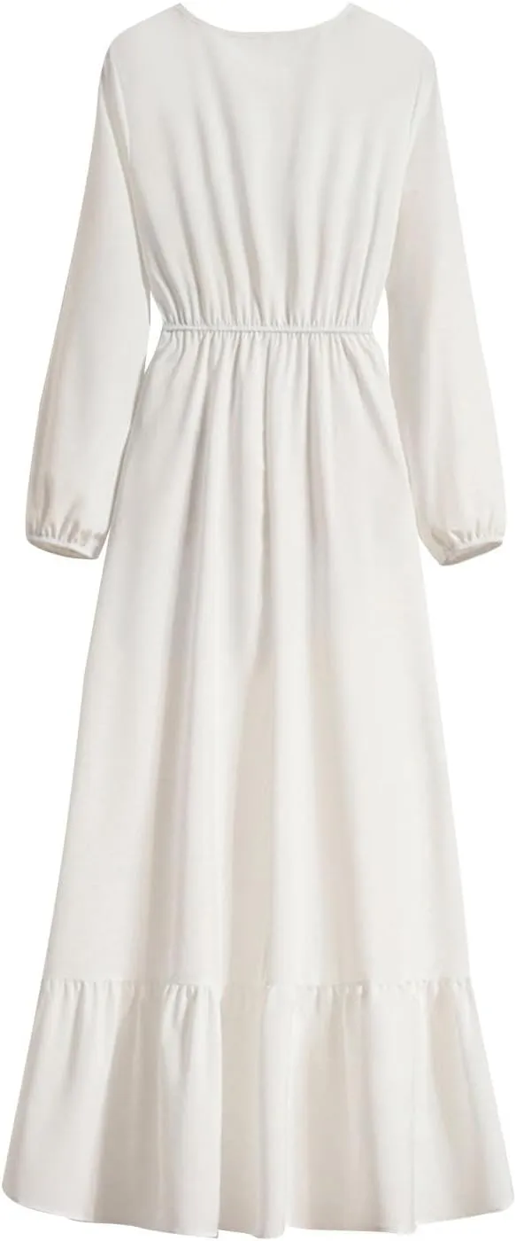 Long Dresses for Women Fall Fashion Long Sleeve Elastic Waist Tiered Ruffle Maxi Dress Causal Crewneck Party Dresses