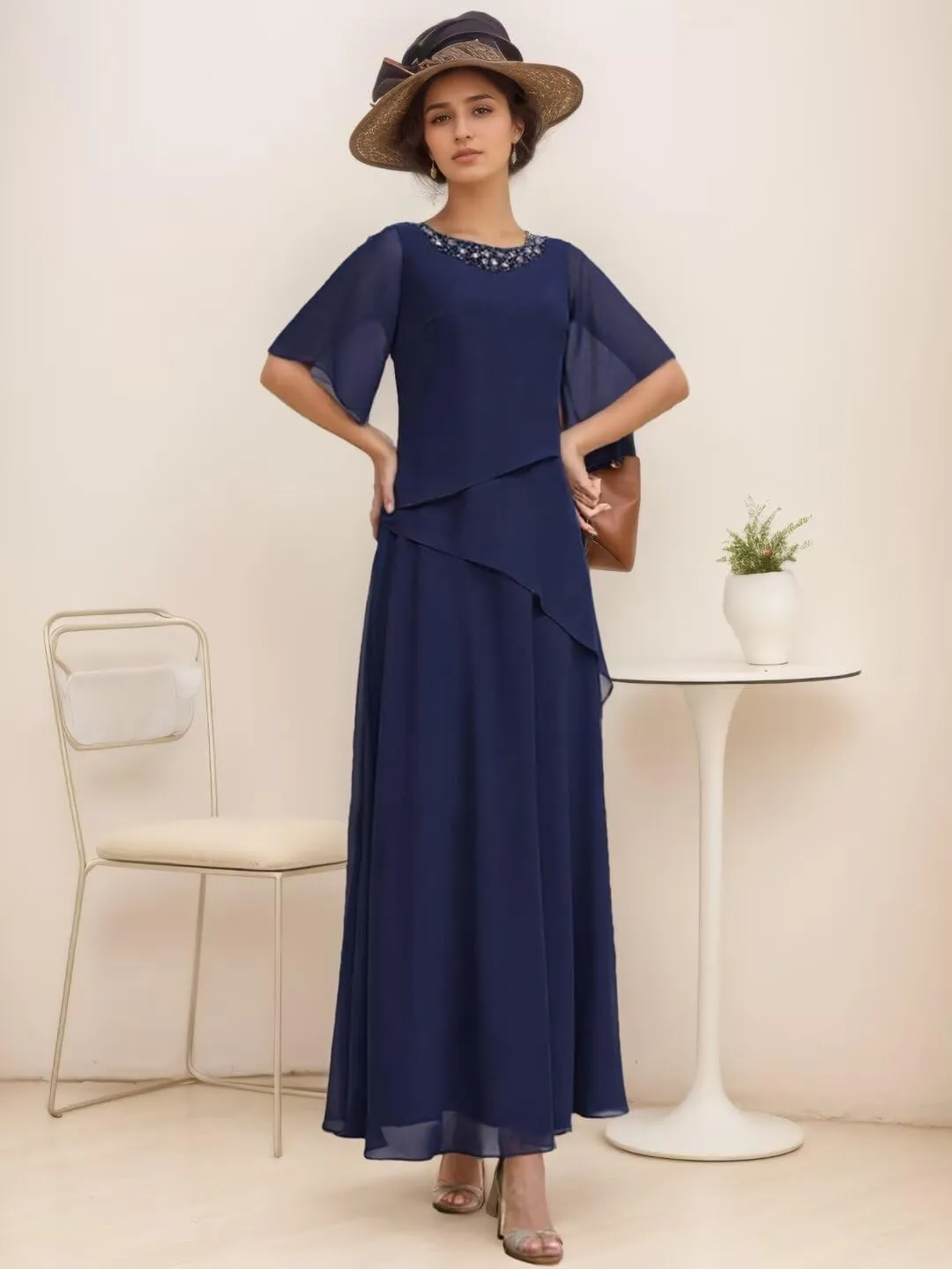 Long Mother of The Bride Dresses for Wedding Short Sleeves Chiffon Pleated Formal Dress for Women 2024