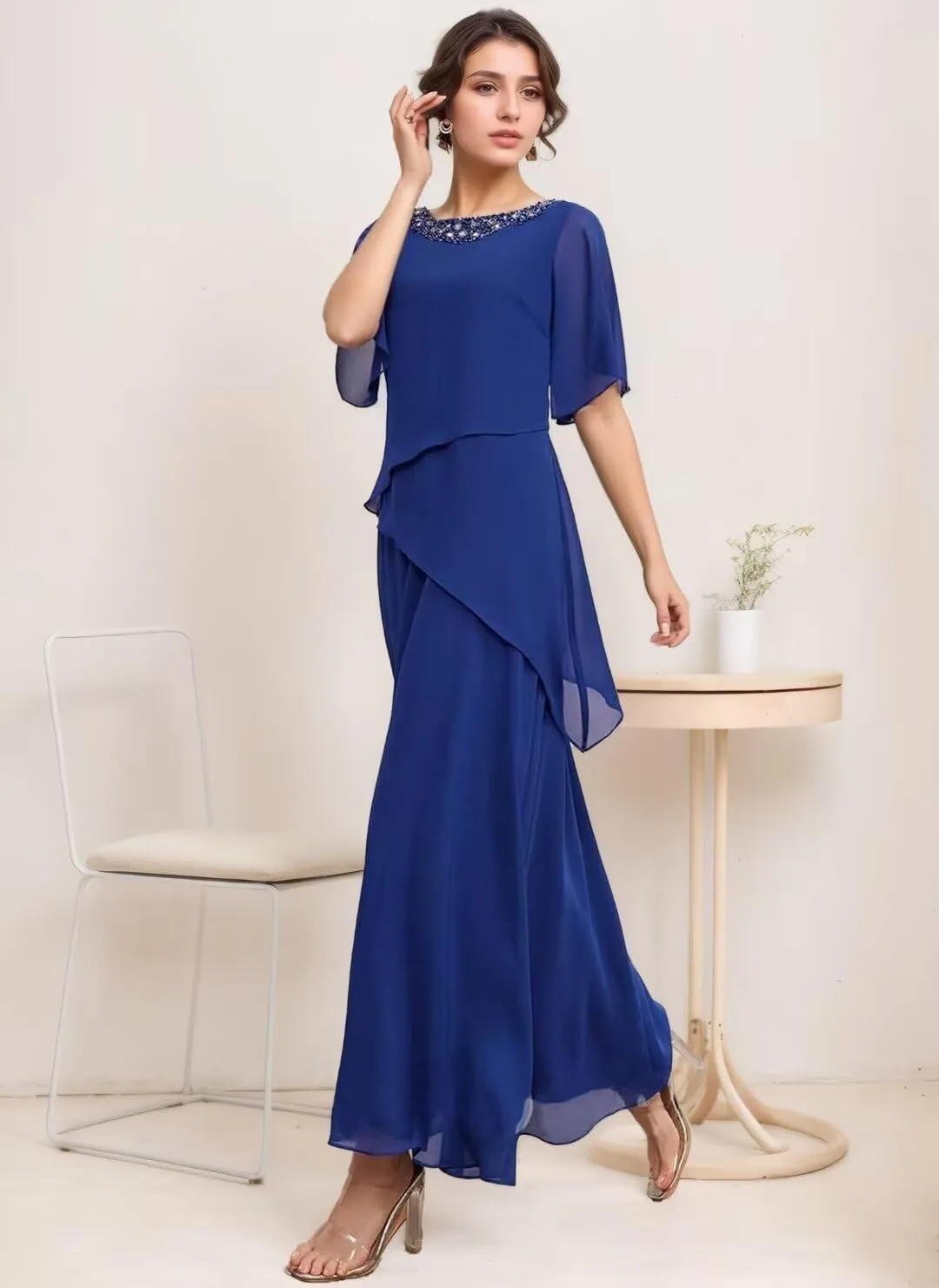 Long Mother of The Bride Dresses for Wedding Short Sleeves Chiffon Pleated Formal Dress for Women 2024