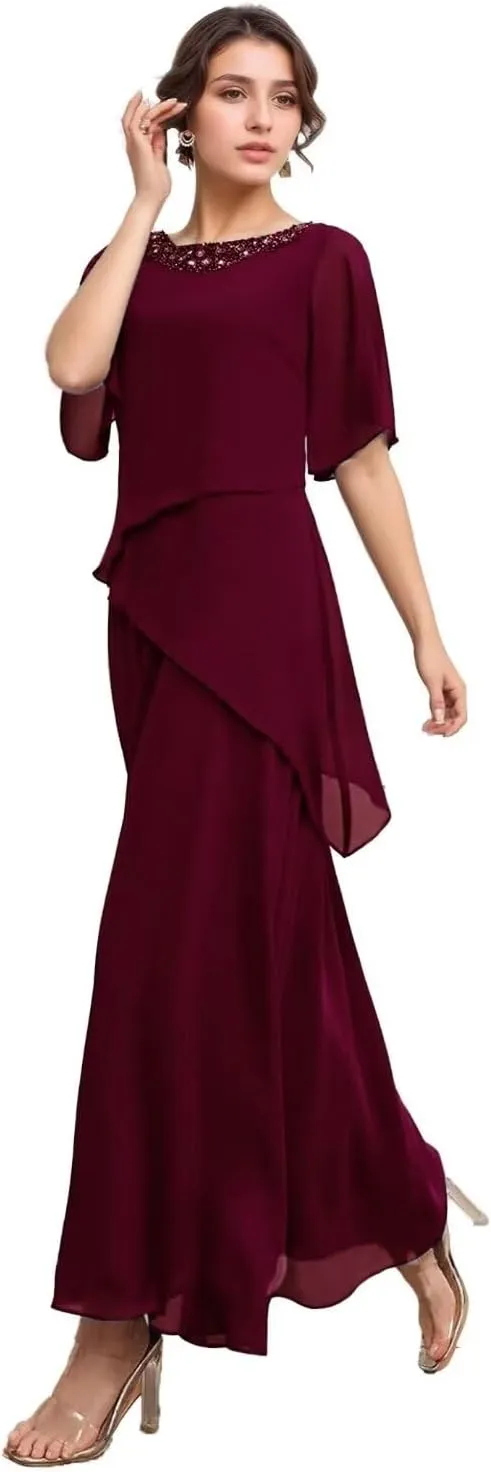 Long Mother of The Bride Dresses for Wedding Short Sleeves Chiffon Pleated Formal Dress for Women 2024