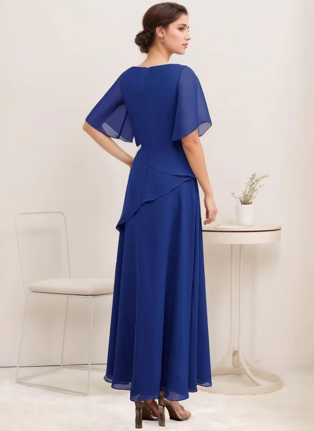 Long Mother of The Bride Dresses for Wedding Short Sleeves Chiffon Pleated Formal Dress for Women 2024