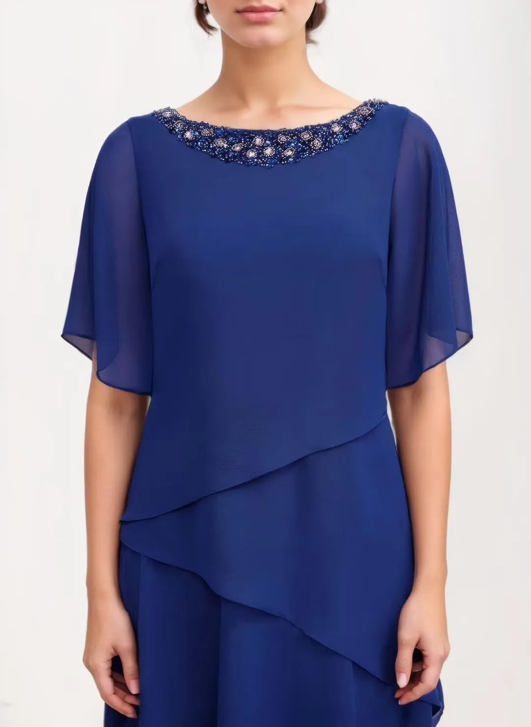 Long Mother of The Bride Dresses for Wedding Short Sleeves Chiffon Pleated Formal Dress for Women 2024