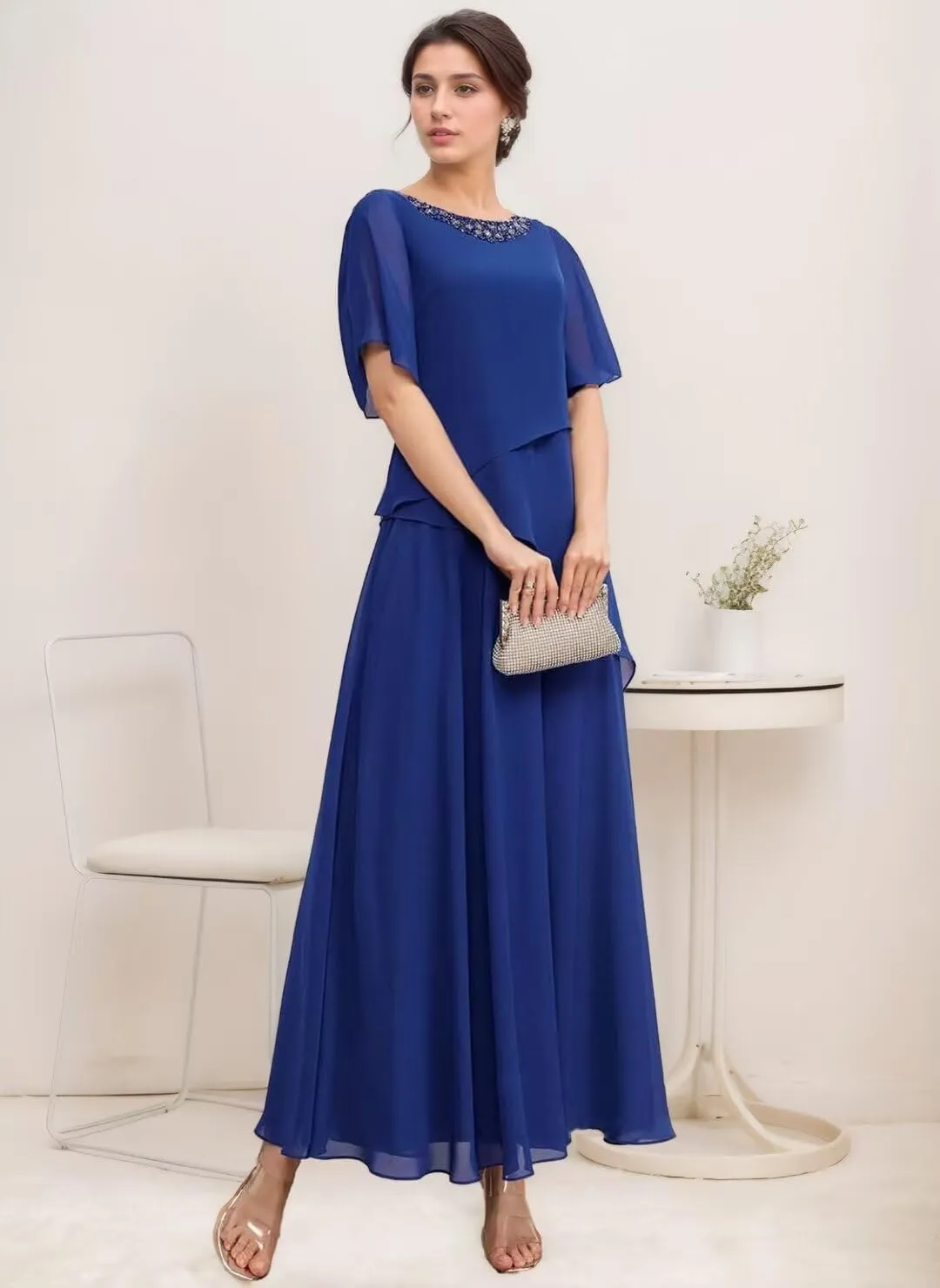 Long Mother of The Bride Dresses for Wedding Short Sleeves Chiffon Pleated Formal Dress for Women 2024