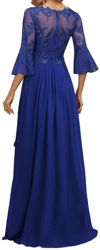 Long Sleeve Mother of The Bride Dress for Wedding Lace Applique V Neck Chiffon Maxi Wedding Guest Dress