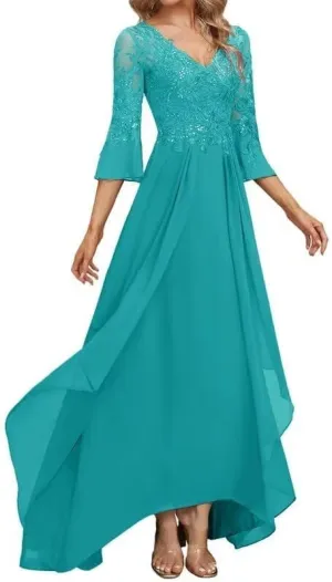 Long Sleeve Mother of The Bride Dress for Wedding Lace Applique V Neck Chiffon Maxi Wedding Guest Dress