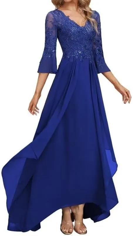 Long Sleeve Mother of The Bride Dress for Wedding Lace Applique V Neck Chiffon Maxi Wedding Guest Dress