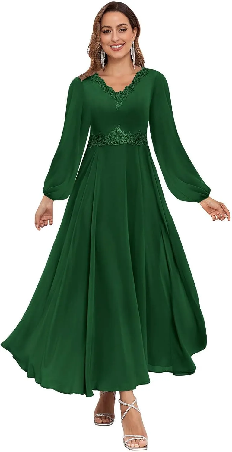 Long Sleeves Mother of The Bride Dresses Tea Length Lace Chiffon Formal Evening Wedding Guest Dress