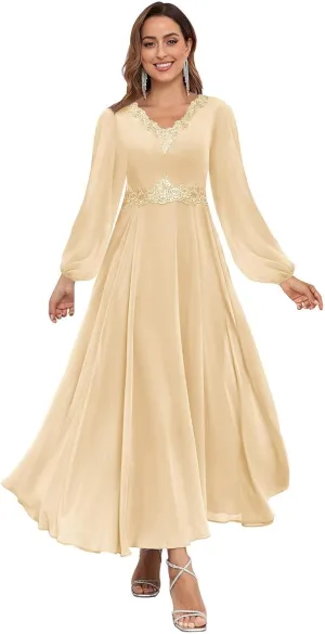 Long Sleeves Mother of The Bride Dresses Tea Length Lace Chiffon Formal Evening Wedding Guest Dress