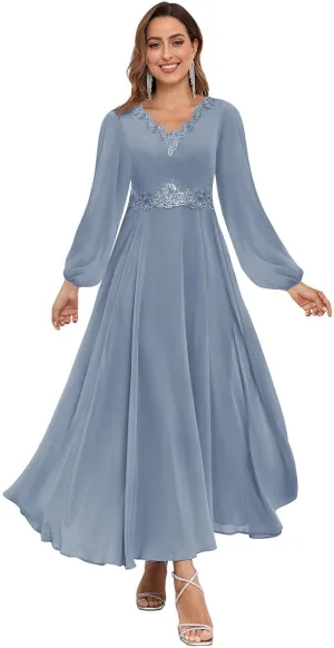 Long Sleeves Mother of The Bride Dresses Tea Length Lace Chiffon Formal Evening Wedding Guest Dress
