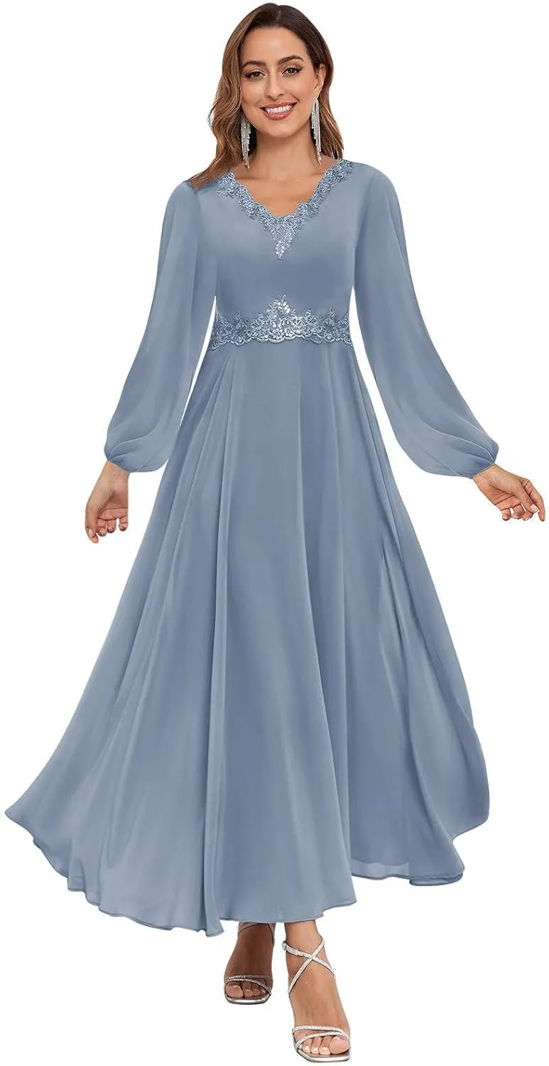 Long Sleeves Mother of The Bride Dresses Tea Length Lace Chiffon Formal Evening Wedding Guest Dress