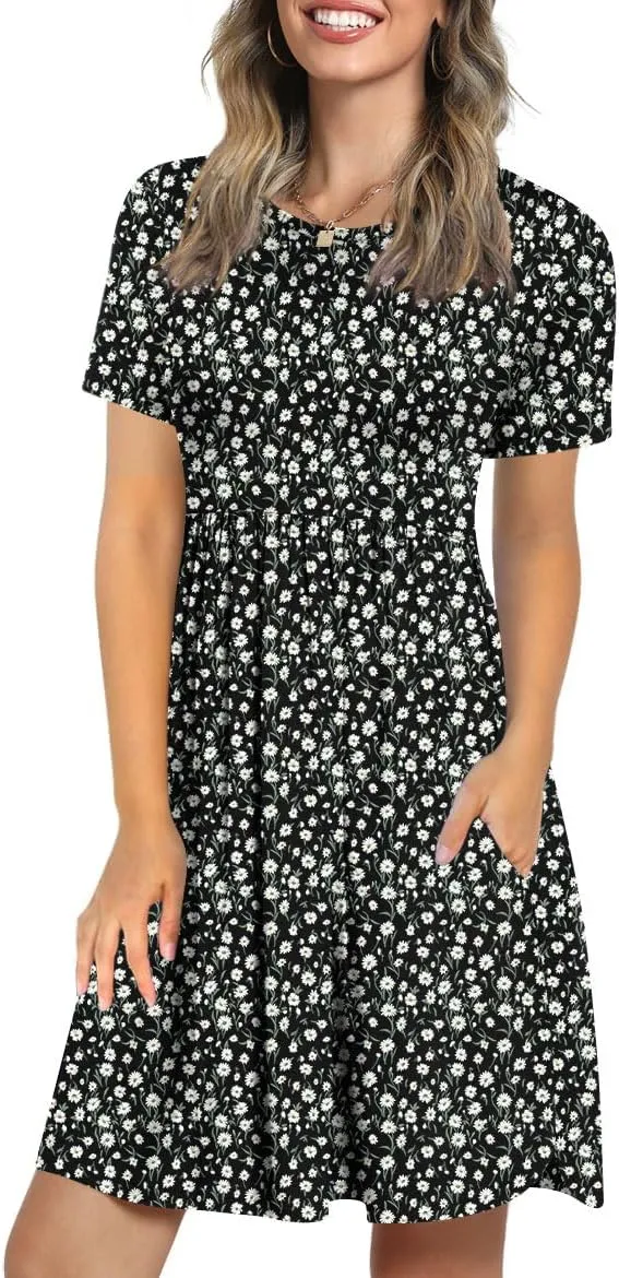LONGYUAN Women's Casual Dresses 2025 Summer Short Sleeve Dress Hide Belly Loose Fit Sundress with Pockets S-3XL