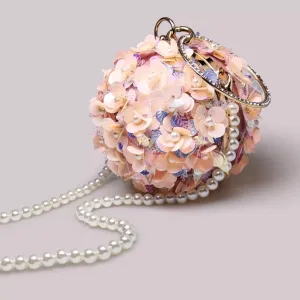 Luxury Pink 3D Floral Evening Clutch Bag with Pearl Chain Strap  Rhinestone-Embellished Metal Ring Handle, Convertible Crossbody/Shoulder Mini Purse for Party & Couture Outfits