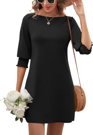 LUYAA Womens Summer Mini Dresses Boatneck 3/4 Puff Sleeve Floral T Shirt Dress with Pockets Boho Dresses Fashion Trendy 2025