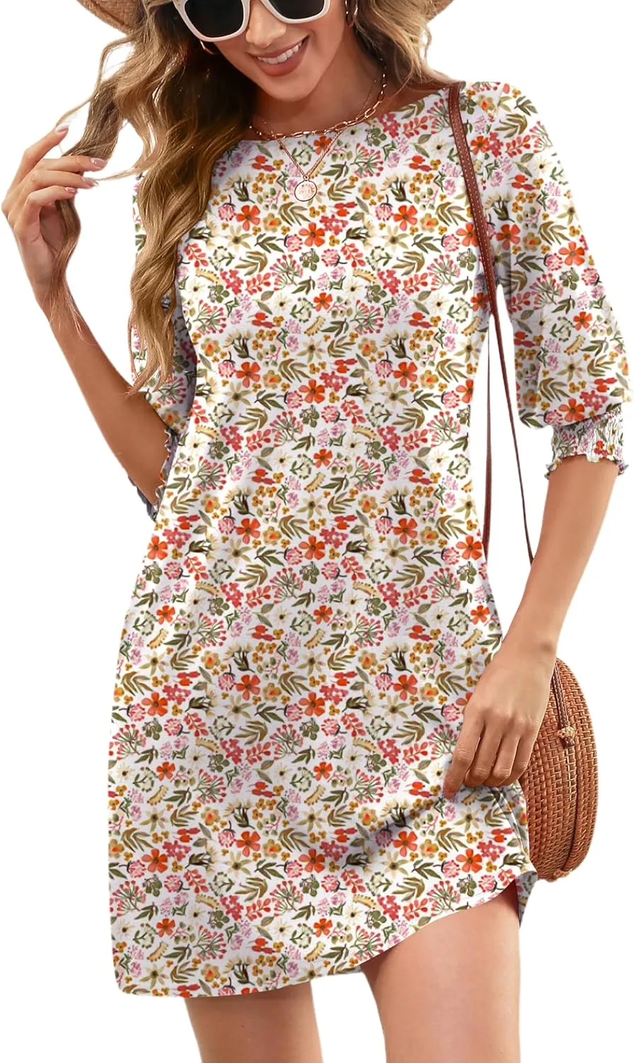 LUYAA Womens Summer Mini Dresses Boatneck 3/4 Puff Sleeve Floral T Shirt Dress with Pockets Boho Dresses Fashion Trendy 2025