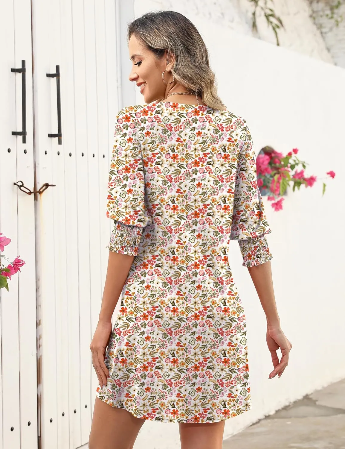LUYAA Womens Summer Mini Dresses Boatneck 3/4 Puff Sleeve Floral T Shirt Dress with Pockets Boho Dresses Fashion Trendy 2025