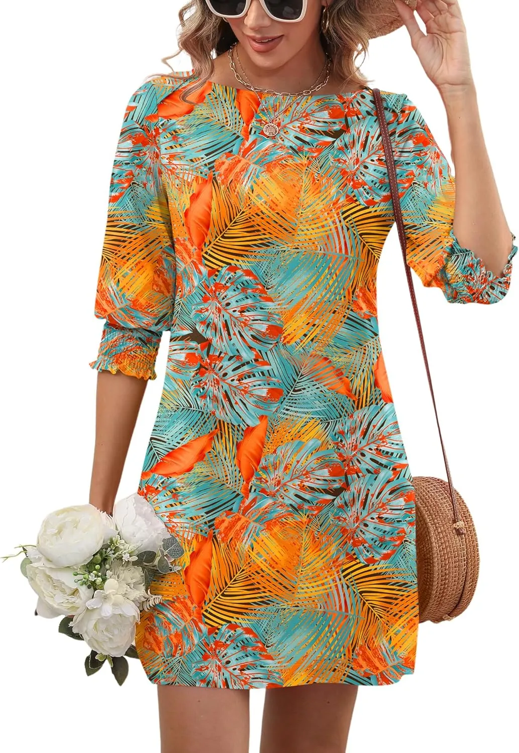 LUYAA Womens Summer Mini Dresses Boatneck 3/4 Puff Sleeve Floral T Shirt Dress with Pockets Boho Dresses Fashion Trendy 2025
