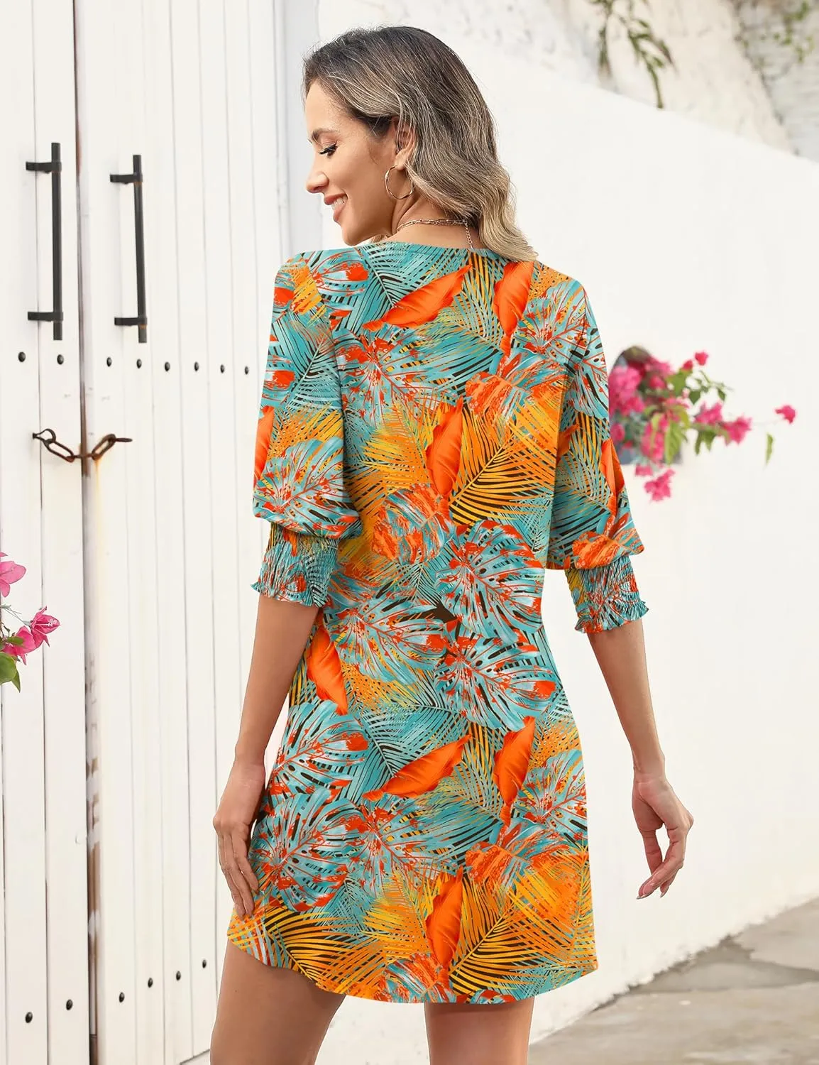 LUYAA Womens Summer Mini Dresses Boatneck 3/4 Puff Sleeve Floral T Shirt Dress with Pockets Boho Dresses Fashion Trendy 2025