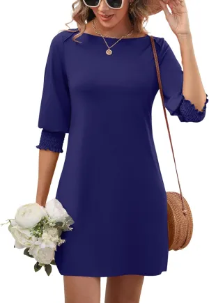 LUYAA Womens Summer Mini Dresses Boatneck 3/4 Puff Sleeve Floral T Shirt Dress with Pockets Boho Dresses Fashion Trendy 2025