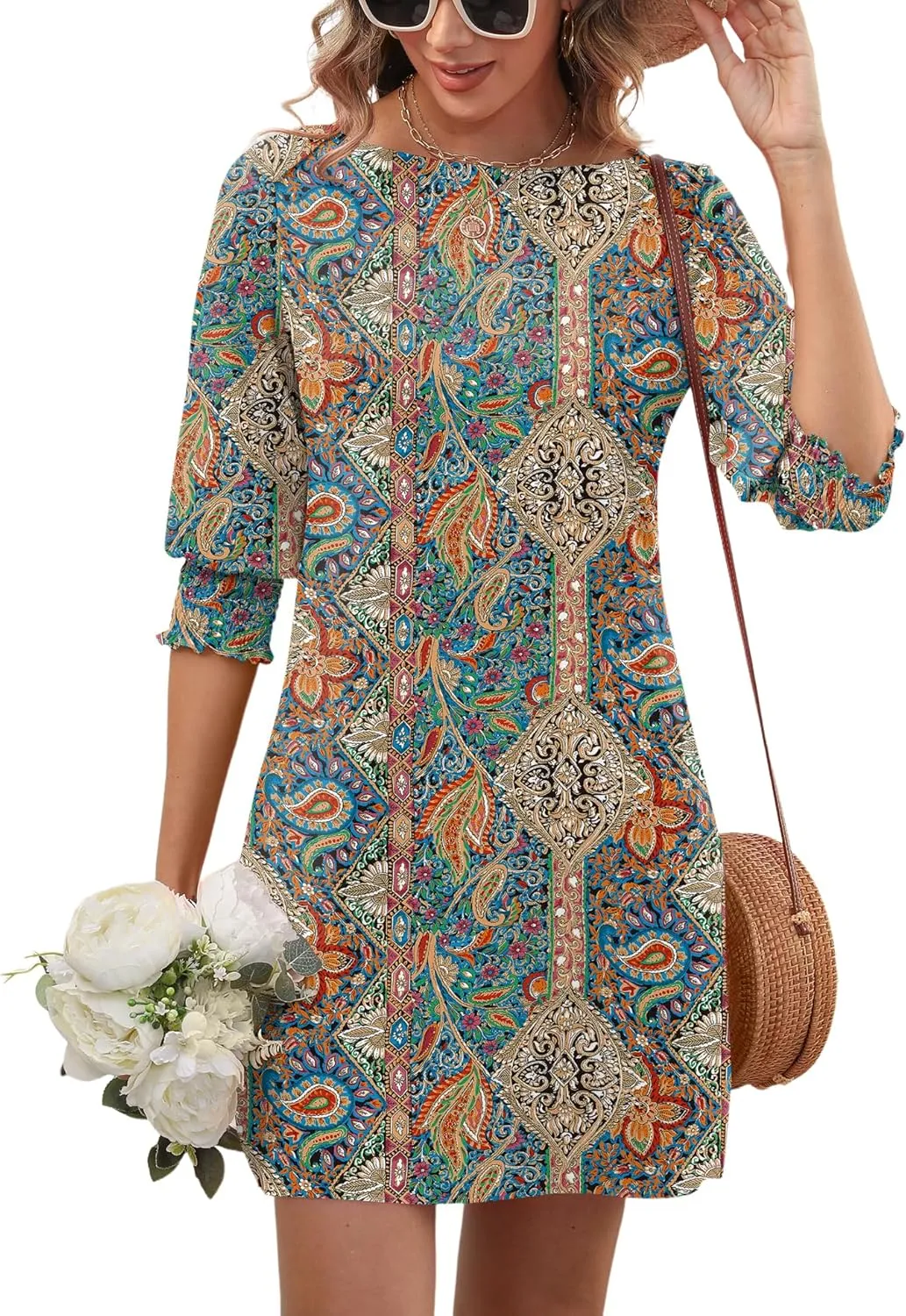 LUYAA Womens Summer Mini Dresses Boatneck 3/4 Puff Sleeve Floral T Shirt Dress with Pockets Boho Dresses Fashion Trendy 2025