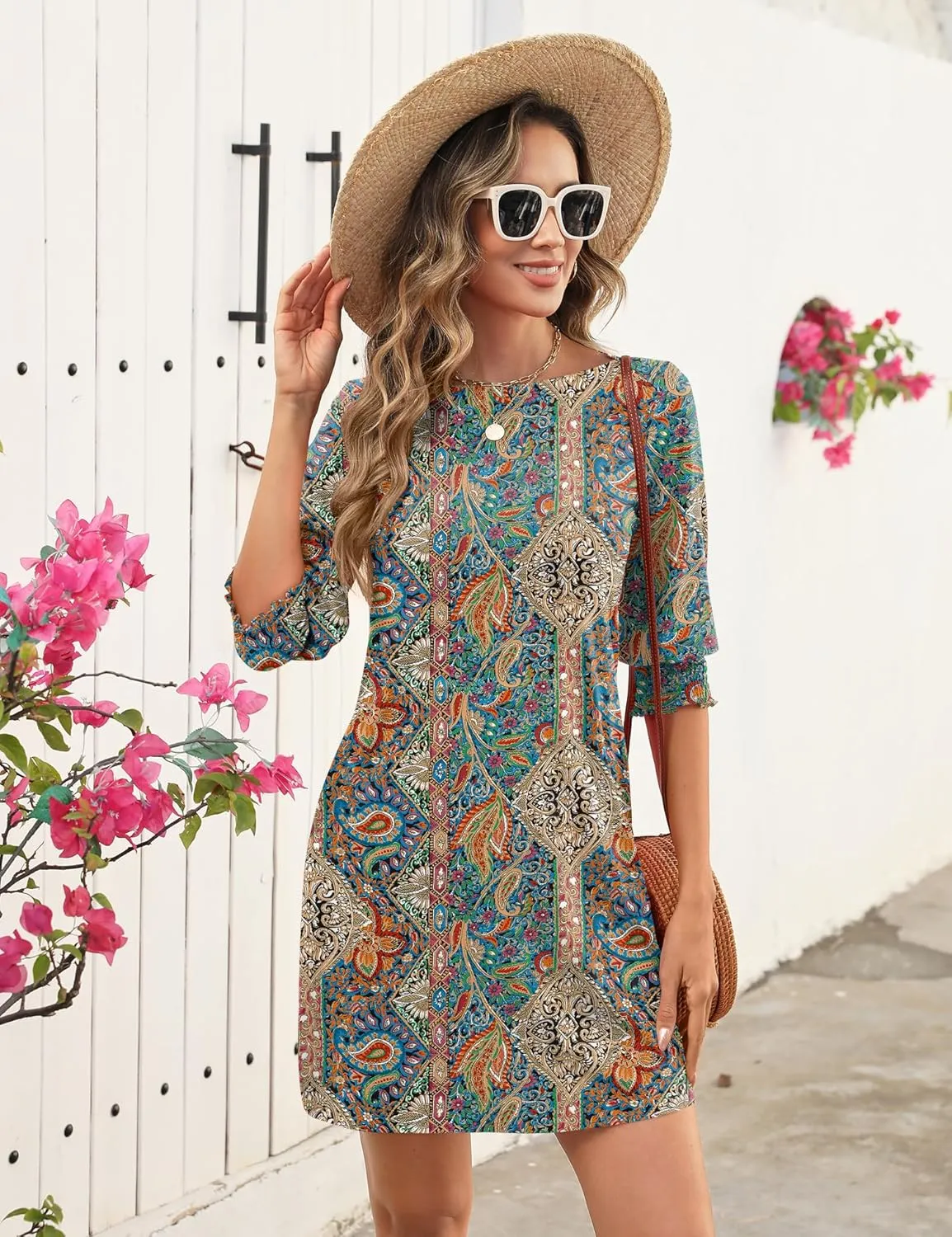 LUYAA Womens Summer Mini Dresses Boatneck 3/4 Puff Sleeve Floral T Shirt Dress with Pockets Boho Dresses Fashion Trendy 2025