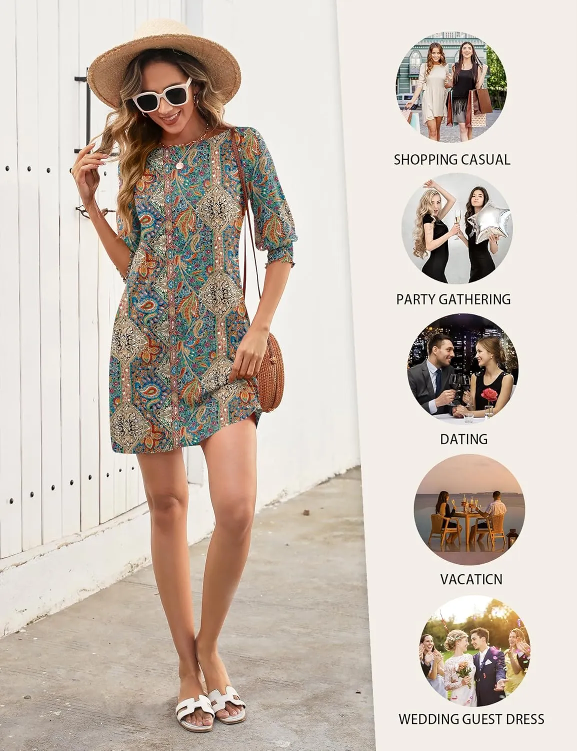 LUYAA Womens Summer Mini Dresses Boatneck 3/4 Puff Sleeve Floral T Shirt Dress with Pockets Boho Dresses Fashion Trendy 2025