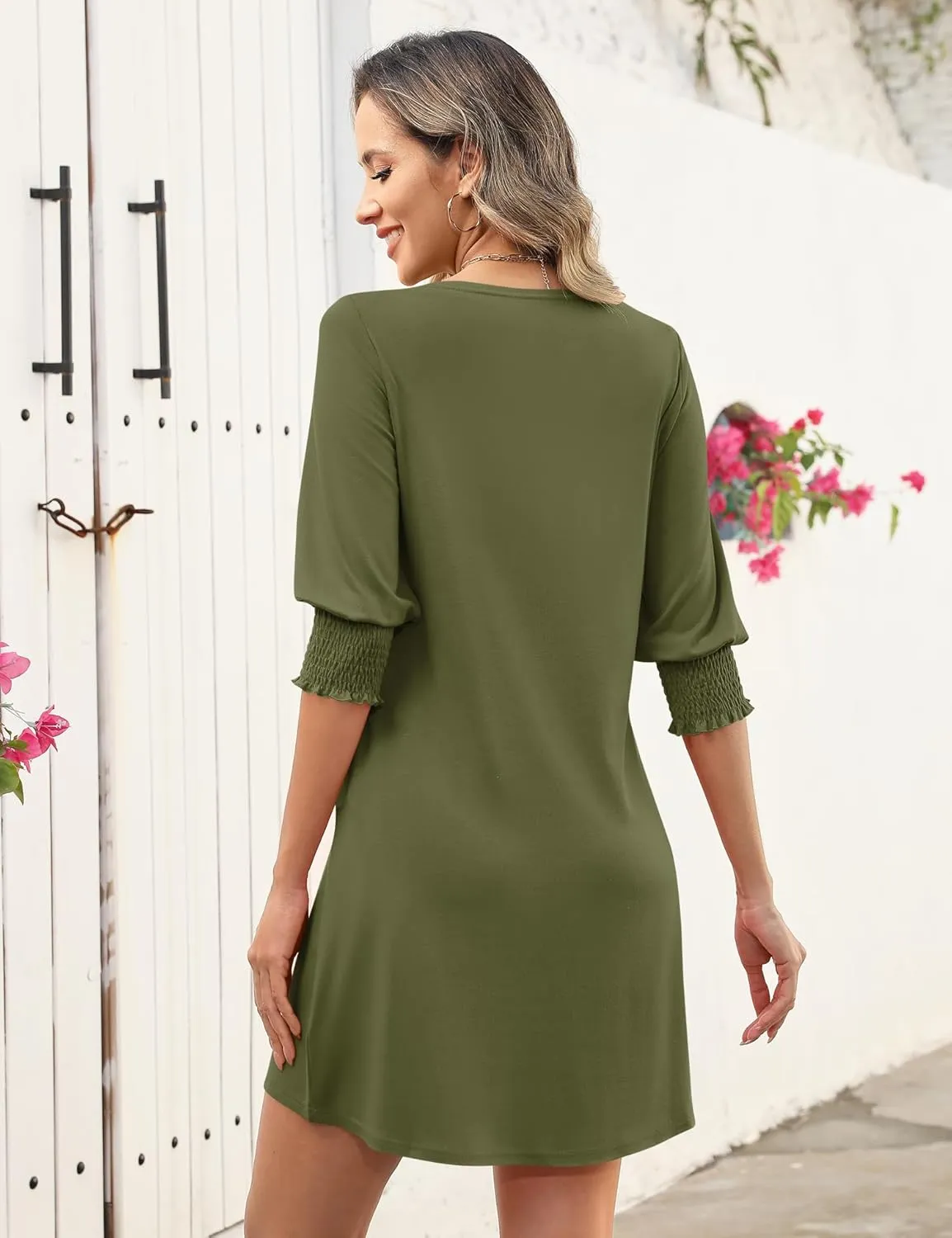 LUYAA Womens Summer Mini Dresses Boatneck 3/4 Puff Sleeve Floral T Shirt Dress with Pockets Boho Dresses Fashion Trendy 2025