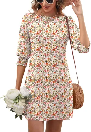 LUYAA Womens Summer Mini Dresses Boatneck 3/4 Puff Sleeve Floral T Shirt Dress with Pockets Boho Dresses Fashion Trendy 2025