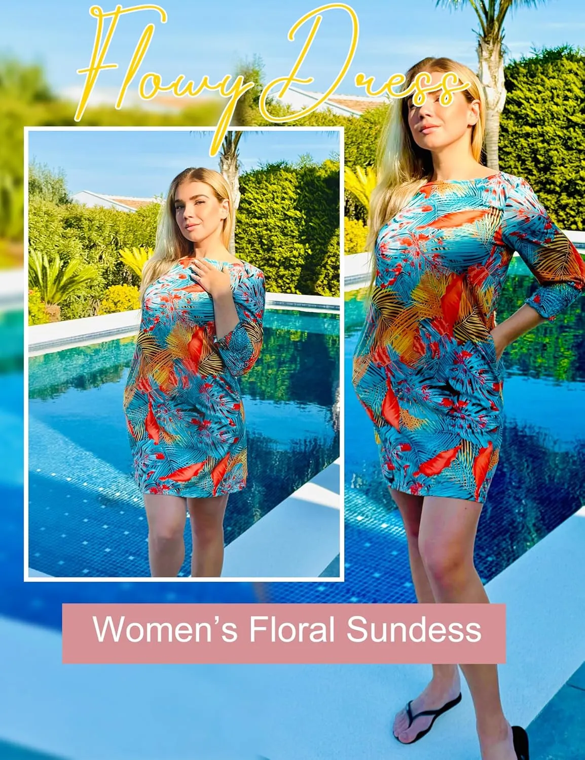 LUYAA Womens Summer Mini Dresses Boatneck 3/4 Puff Sleeve Floral T Shirt Dress with Pockets Boho Dresses Fashion Trendy 2025