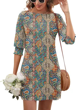 LUYAA Womens Summer Mini Dresses Boatneck 3/4 Puff Sleeve Floral T Shirt Dress with Pockets Boho Dresses Fashion Trendy 2025