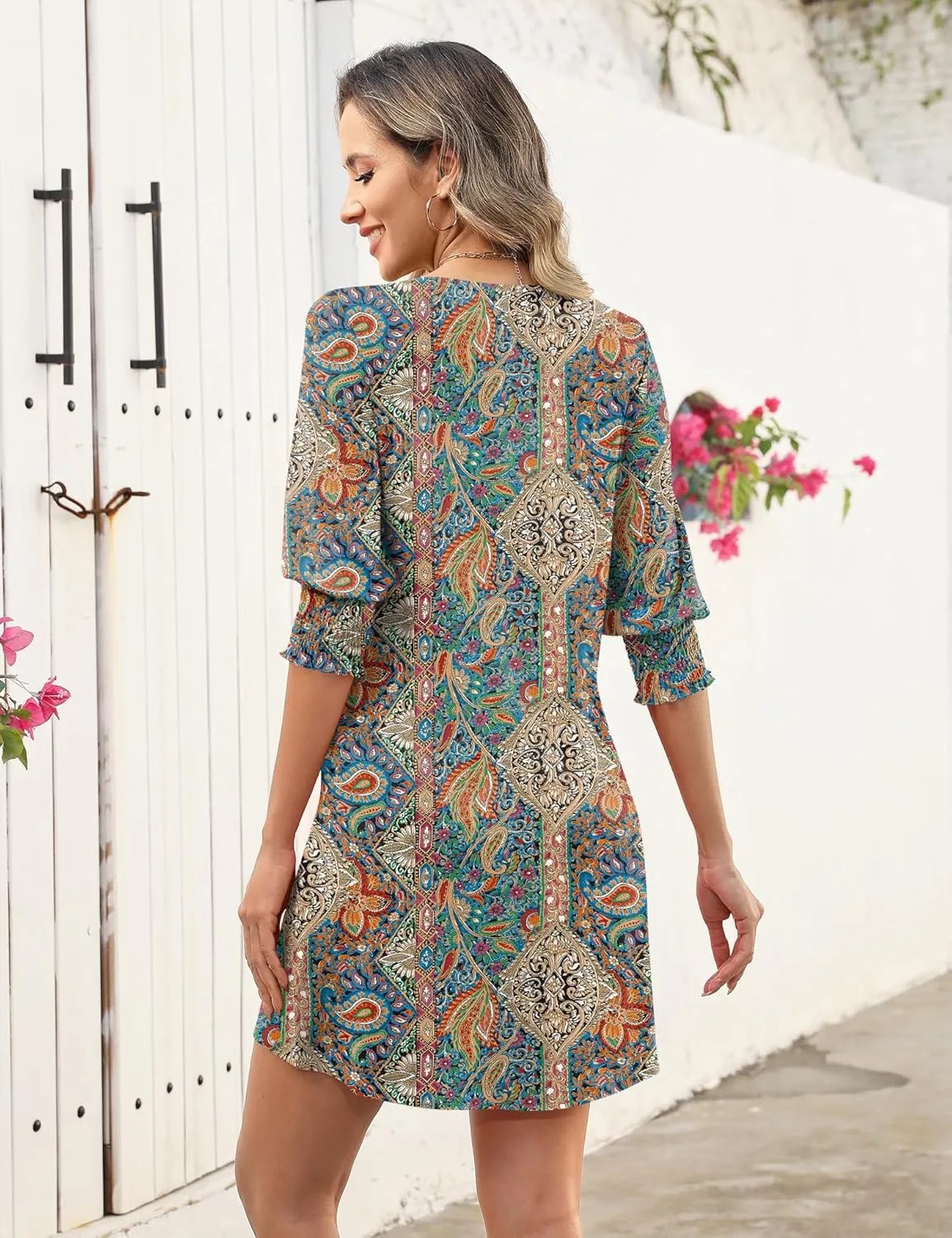 LUYAA Womens Summer Mini Dresses Boatneck 3/4 Puff Sleeve Floral T Shirt Dress with Pockets Boho Dresses Fashion Trendy 2025