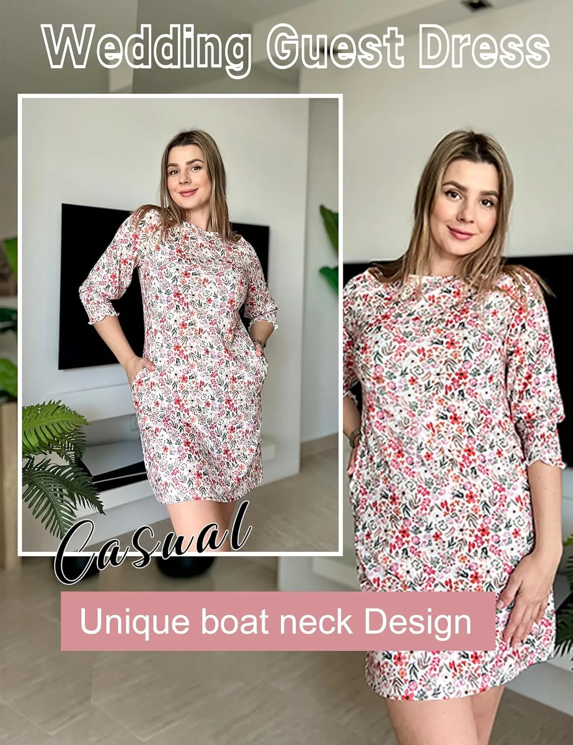 LUYAA Womens Summer Mini Dresses Boatneck 3/4 Puff Sleeve Floral T Shirt Dress with Pockets Boho Dresses Fashion Trendy 2025