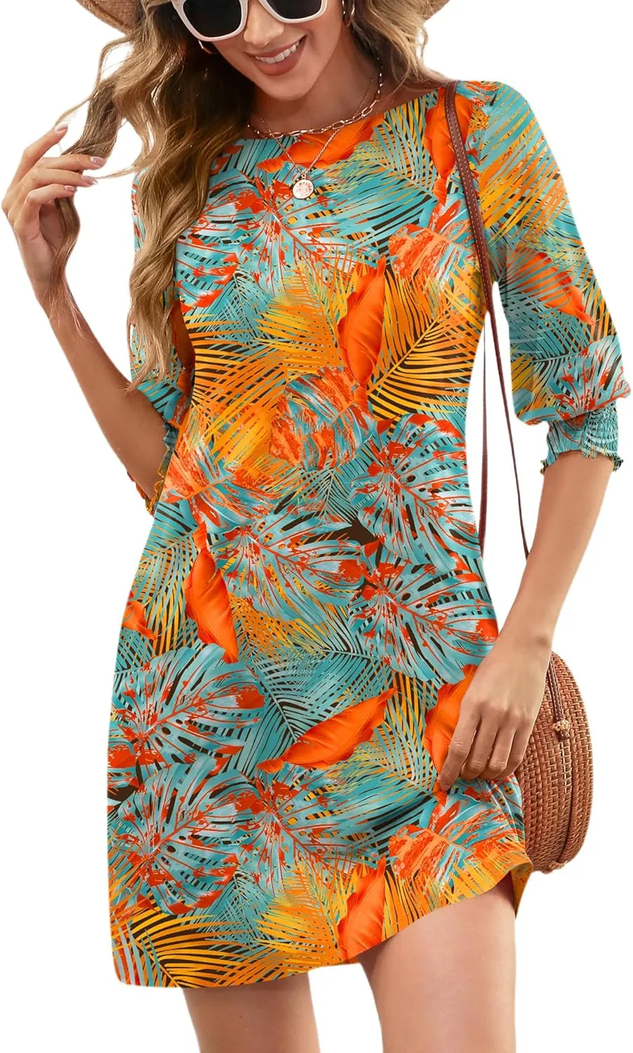 LUYAA Womens Summer Mini Dresses Boatneck 3/4 Puff Sleeve Floral T Shirt Dress with Pockets Boho Dresses Fashion Trendy 2025
