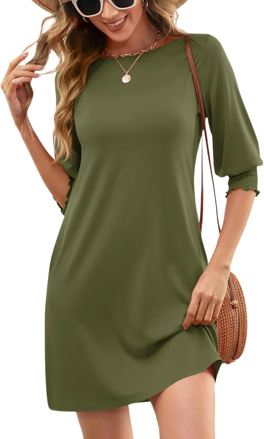 LUYAA Womens Summer Mini Dresses Boatneck 3/4 Puff Sleeve Floral T Shirt Dress with Pockets Boho Dresses Fashion Trendy 2025