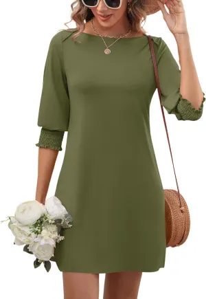 LUYAA Womens Summer Mini Dresses Boatneck 3/4 Puff Sleeve Floral T Shirt Dress with Pockets Boho Dresses Fashion Trendy 2025