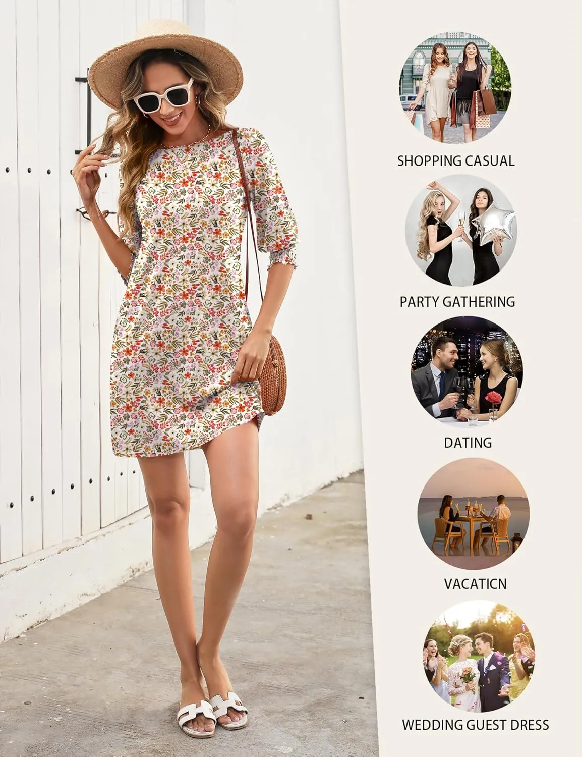 LUYAA Womens Summer Mini Dresses Boatneck 3/4 Puff Sleeve Floral T Shirt Dress with Pockets Boho Dresses Fashion Trendy 2025