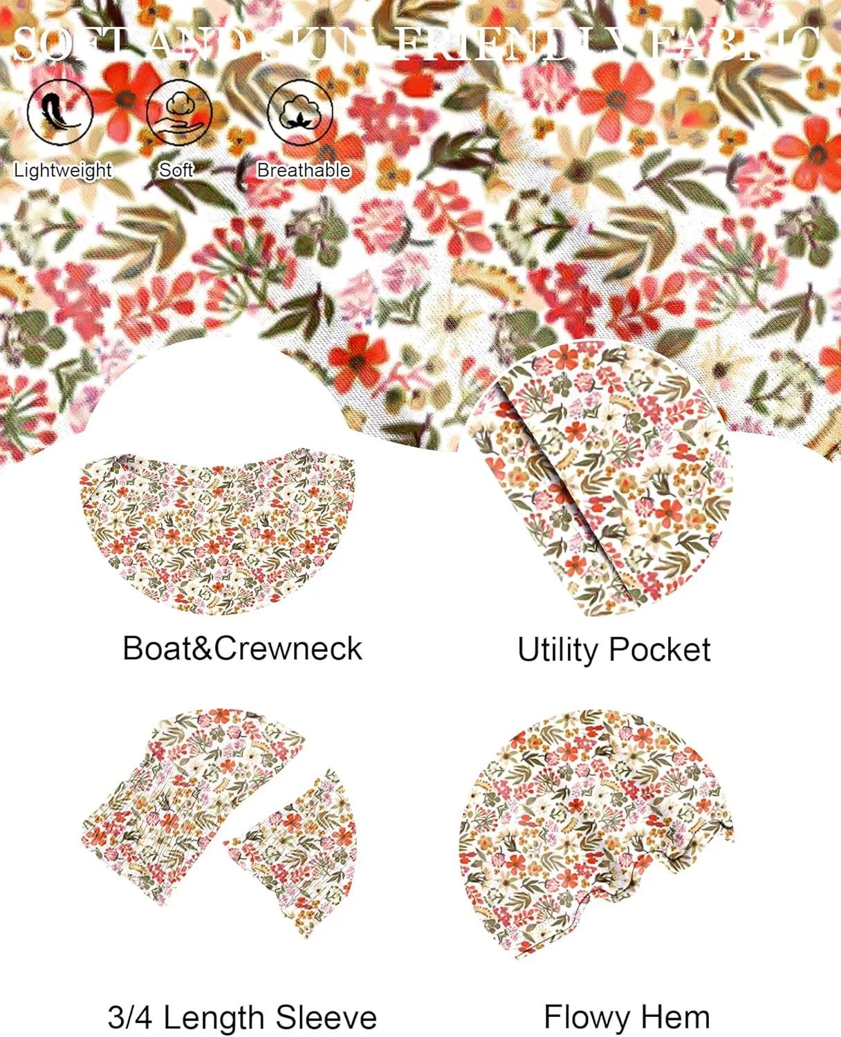 LUYAA Womens Summer Mini Dresses Boatneck 3/4 Puff Sleeve Floral T Shirt Dress with Pockets Boho Dresses Fashion Trendy 2025