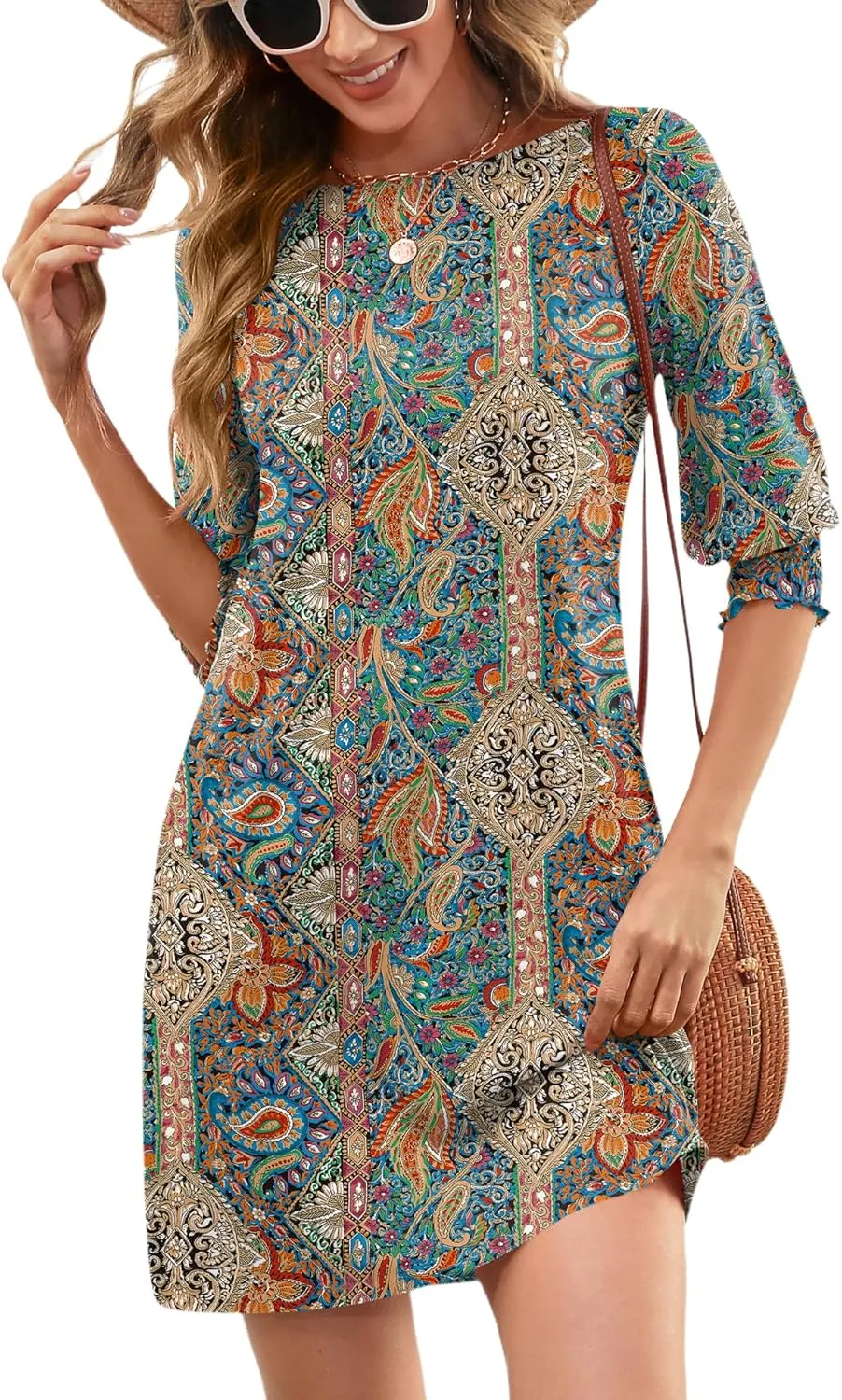 LUYAA Womens Summer Mini Dresses Boatneck 3/4 Puff Sleeve Floral T Shirt Dress with Pockets Boho Dresses Fashion Trendy 2025