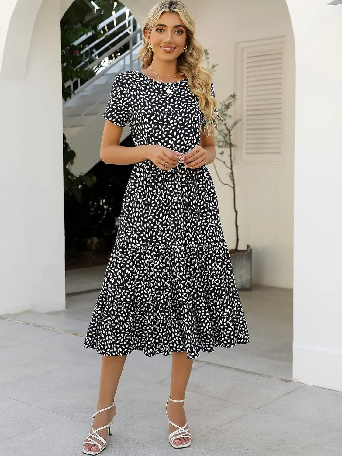 Lyrur Women's Dresses Casual Summer Tiered Midi Dress Short Sleeve Belted Ruffle Babydoll Boho Sundress with Pockets